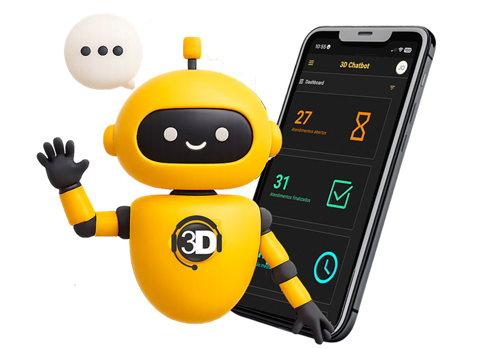 O robô amarelo do 3D Chatbot acenando ao lado de um celular com o painel de atendimentos aberto